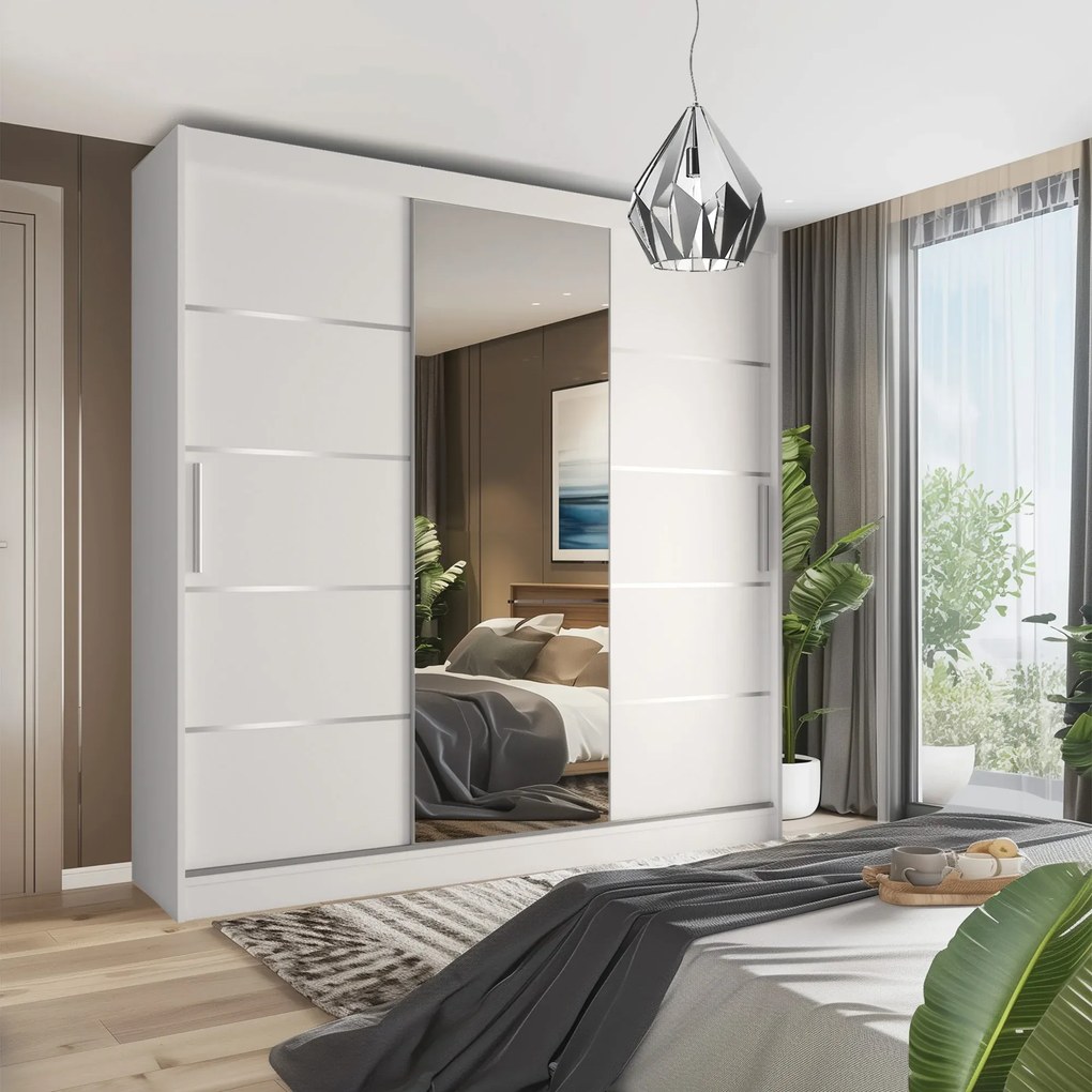 Šatníková skriňa 232 cm Belini biely mat s posunými dverami zrkadlom a zásuvkami MBP SZP8/0/1W/2W1L/0/KLAL