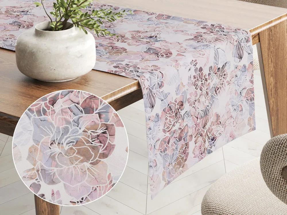 Biante Dekoračný behúň na stôl Rongo RGP-501 Ružovo-fialkové kvety na bielom 20x160 cm