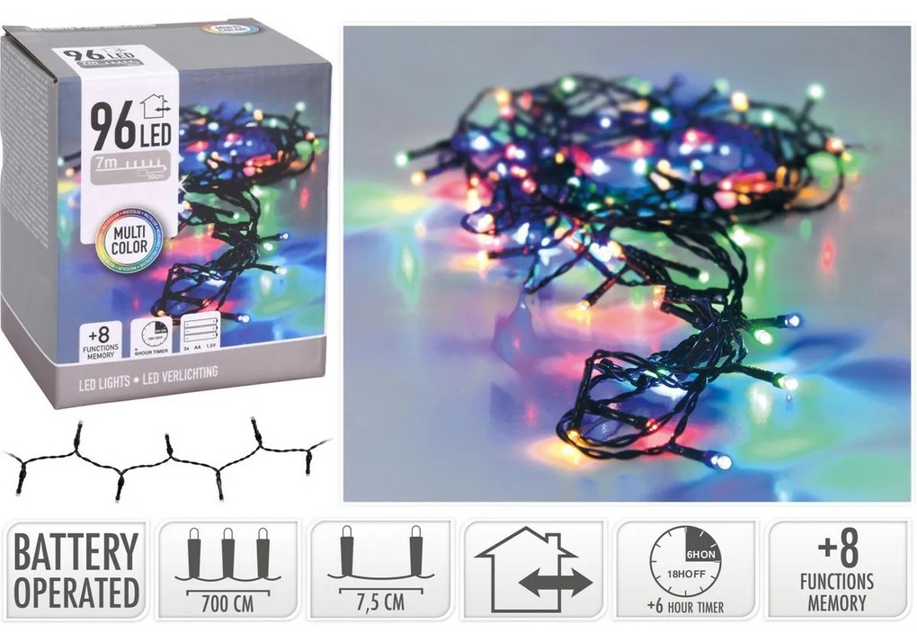 LED Vianočná vonkajšia reťaz farebná, 96x LED, 7 m, na batérie 3x AA, časovač, 7 m