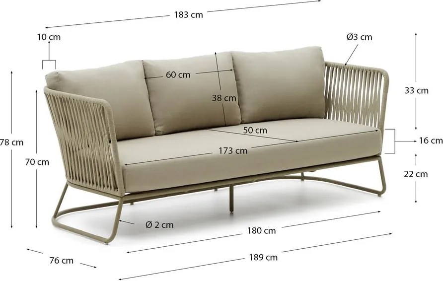 Kaki oceľová záhradná pohovka Saconca – Kave Home