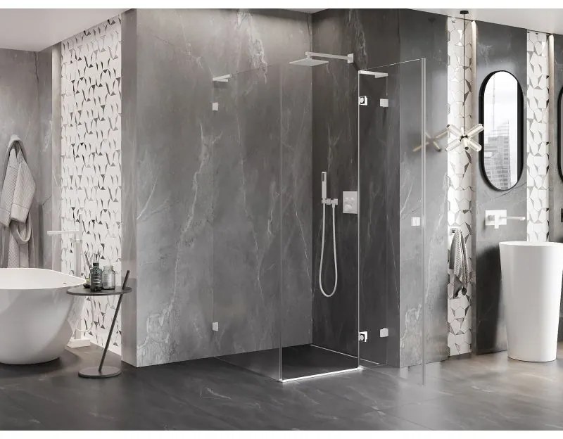 Mexen Lunar, L pravý výklopný sprchový kút 80 x 80 cm, 8mm číre sklo, biely profil, 834L-080-080-20-00-P