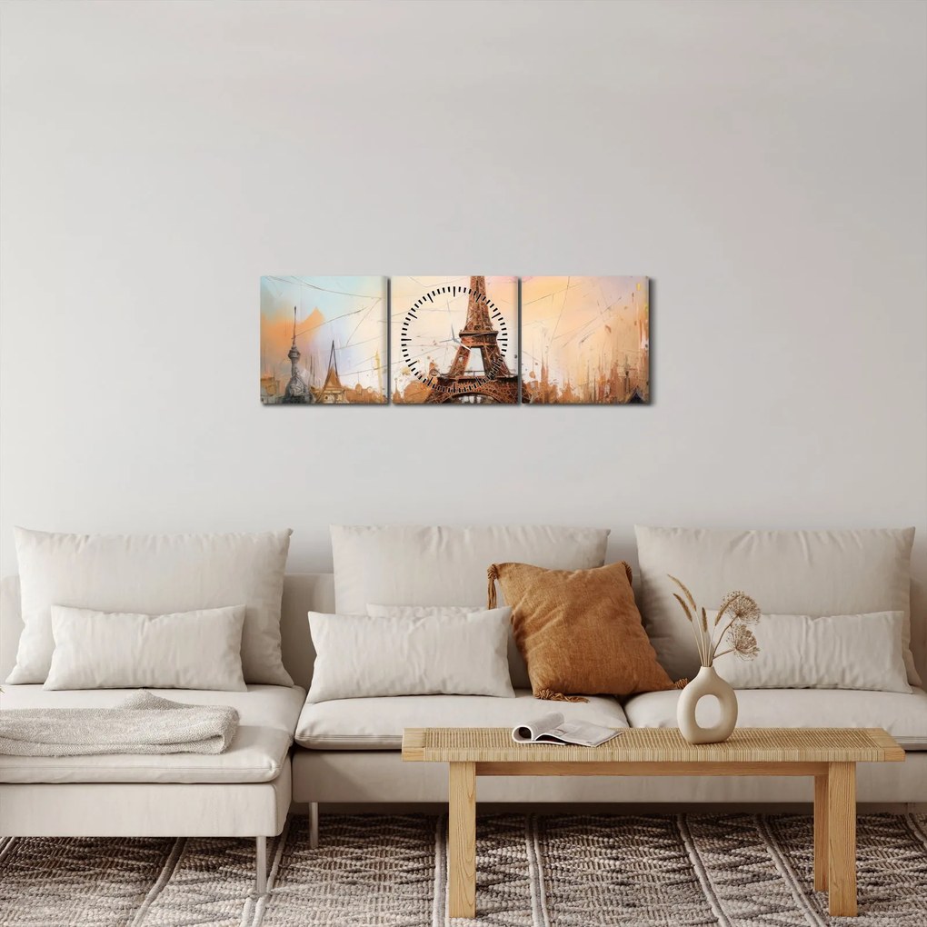 Obraz - Maľba Eiffelovej veže (s hodinami) (90x30 cm)