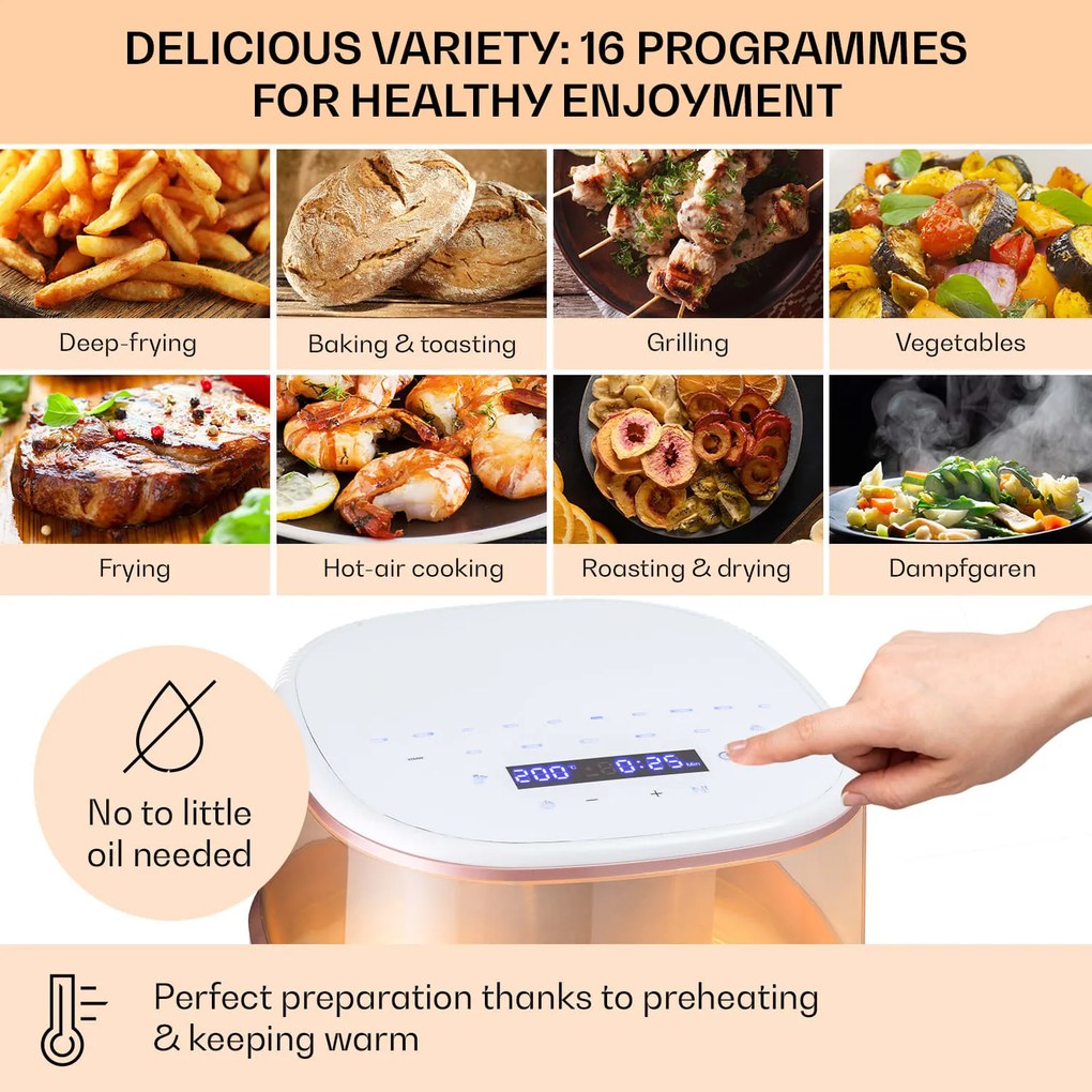 Klarstein Air Bloom, teplovzdušná fritéza, 1500 W, 7,5 l, 16 programov, s funkciou naparovania