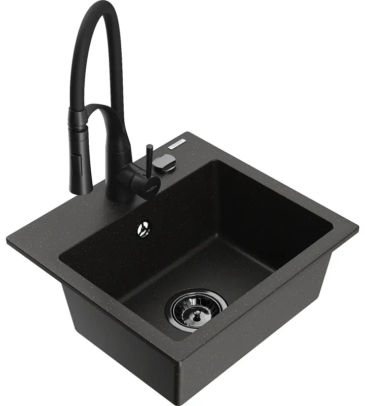Mexen Milo, 1-komorový granitový drez 435x410x171 mm a drezová batéria Aster, čierna-zlatá metalíza, 6505-75-73450-70-B