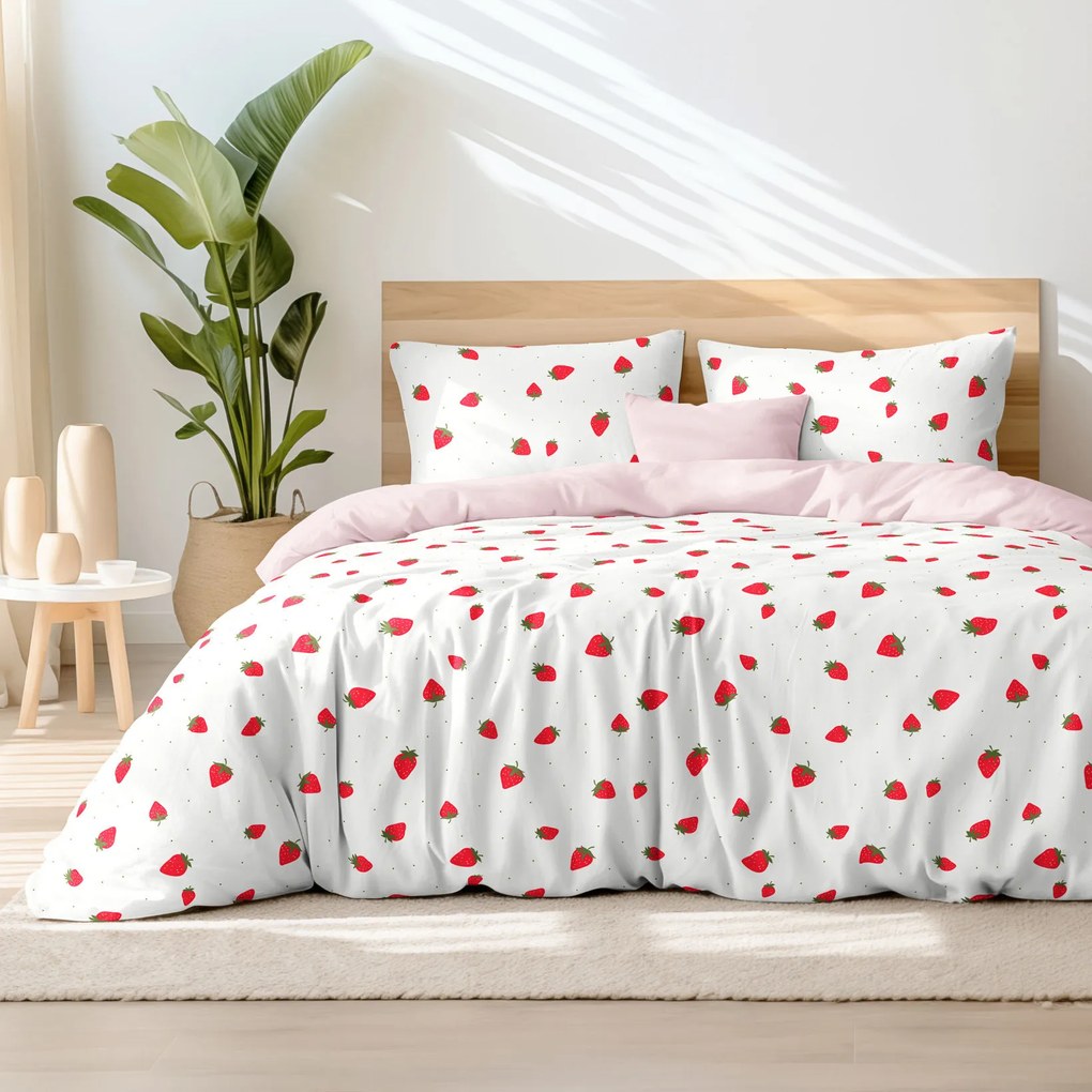 Goldea bavlnené posteľné obliečky duo - svieže jahody s púdrovo ružovou 220 x 200 a 2ks 70 x 90 cm