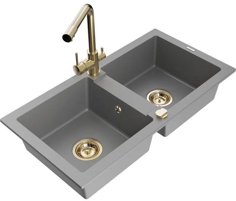 Mexen Mario, 2-komorový granitový drez 820x436x161 mm a chrómová drezová batéria Duero, šedá, 6504-71-671600-50