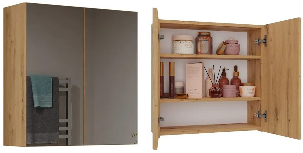 Závesná kúpeľňová skrinka POLA 60 cm so zrkadlom dub artisan