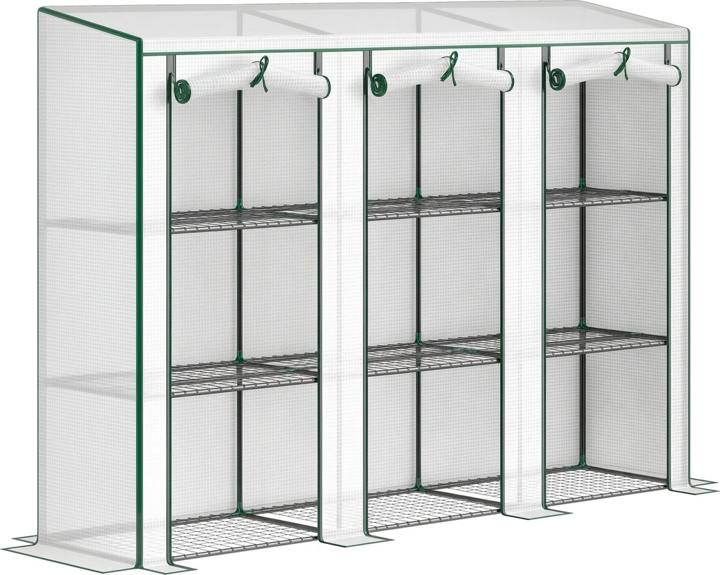 Outsunny 3-poschodový PVC záhradný skleník s oceľovým rámom, 2 rolovacie zipsové dvere — 215 x 46 x 151 cm, biely | Aosom