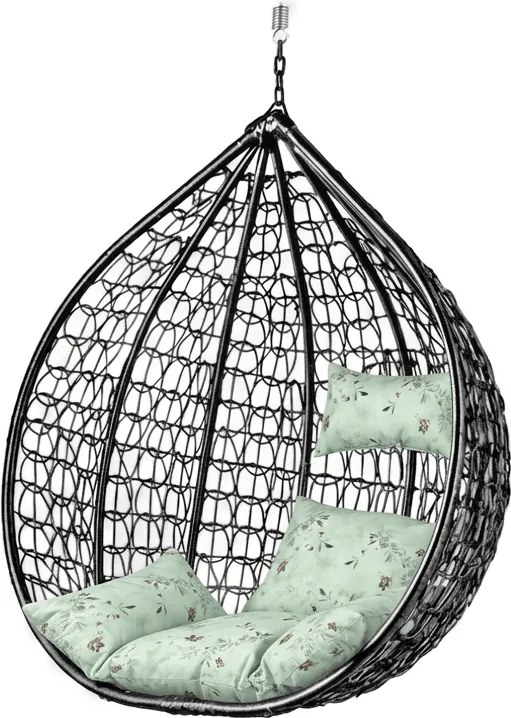 Čierne závesné kreslo KOKON bez stojanu, svetlozelený vankúš so vzorom