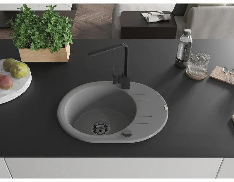 Mexen Kevin, drez granitový 586x458x190 mm, 1-komorový a čierna matná batéria Rita, šedá, 6517-71-670300-70-B