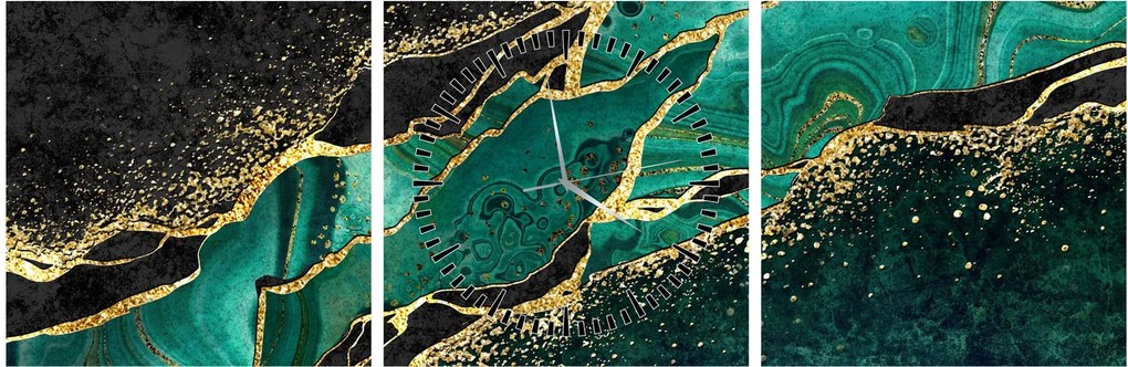 Obraz - Petrolejovo-zlaté mramorovanie (s hodinami) (90x30 cm)