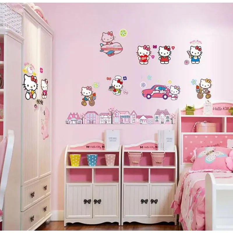Veselá Stena Samolepka na stenu na stenu Hello Kitty s domčekmi
