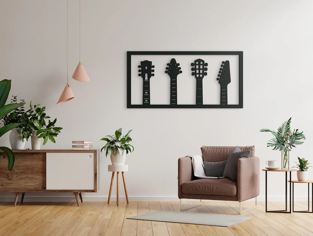 drevko Drevený obraz na stenu Gitary Rozmer obrazu: 22 x 44,5 cm, Farba dekorácie: Čierna