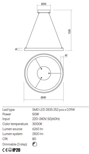 Redo 01-2673-LED Stmievateľný luster na lanku ICONIC LED/50W/230Vpr. 58 cm zlatá