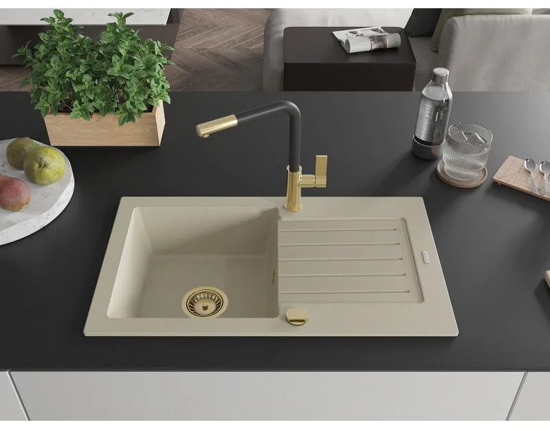 Mexen Pablo, 1-komorový granitový drez 752x436x161 mm a drezová batéria Flora, béžová, 6510-69-670401-57-G