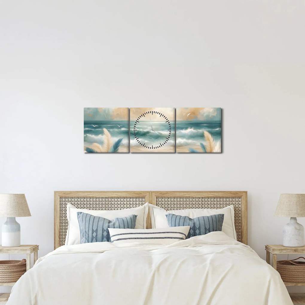Obraz – Maľovaná pláž v jemných farbách (s hodinami) (90x30 cm)