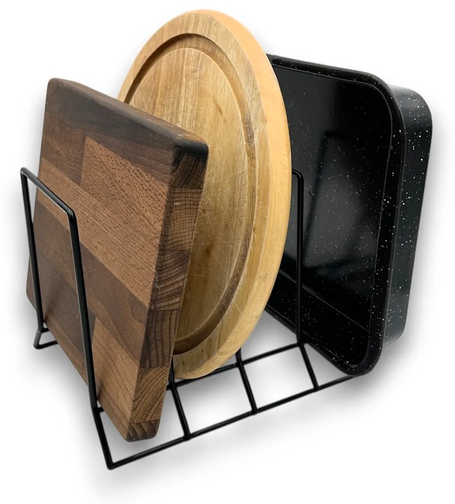 CONFORTIME Držiak, stojan na pokrievky, panvice, dosky, plechy – 4 pozície, čierny