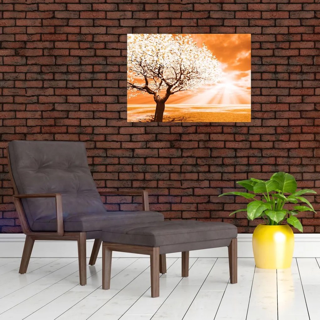 Oranžový sklenený obraz stromu (70x50 cm)