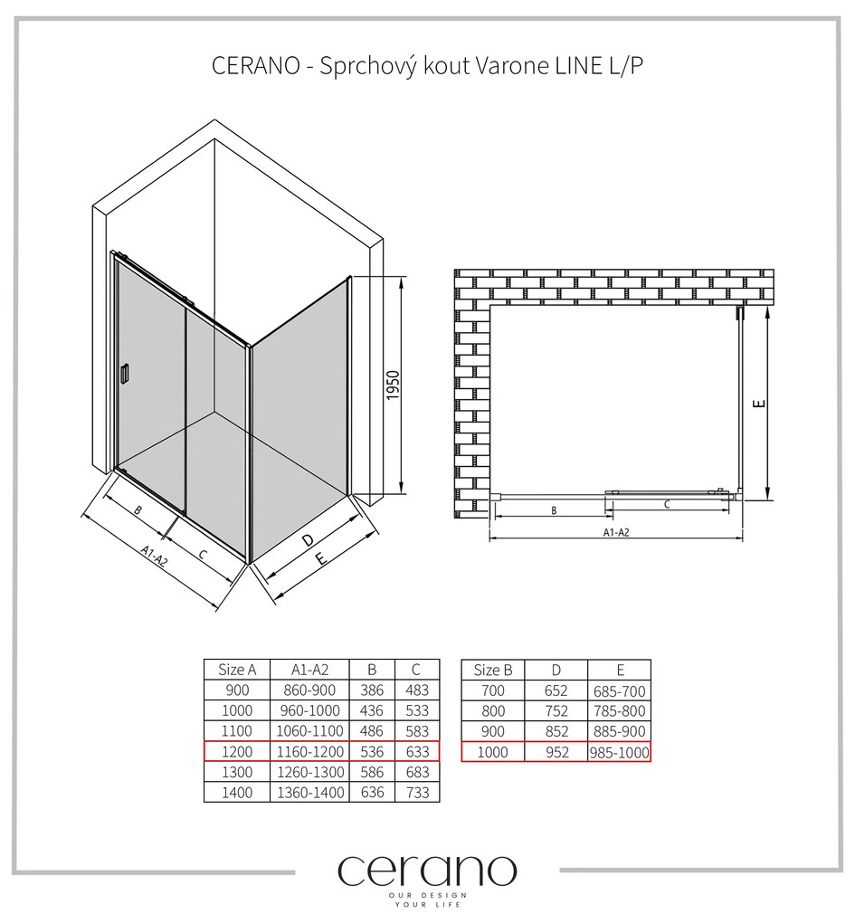 CERANO - Sprchovací kút Varone LINE L/P - čierna matná, transparentné sklo - 120x100 cm - posuvný, CER-CER-DY505B-90-198