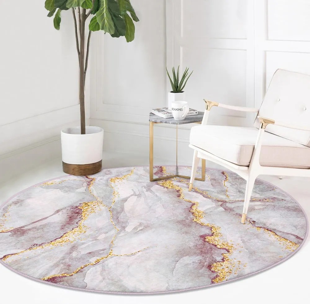 Svetloružový/v zlatej farbe prateľný okrúhly koberec ø 80 cm Marble – Mila Home