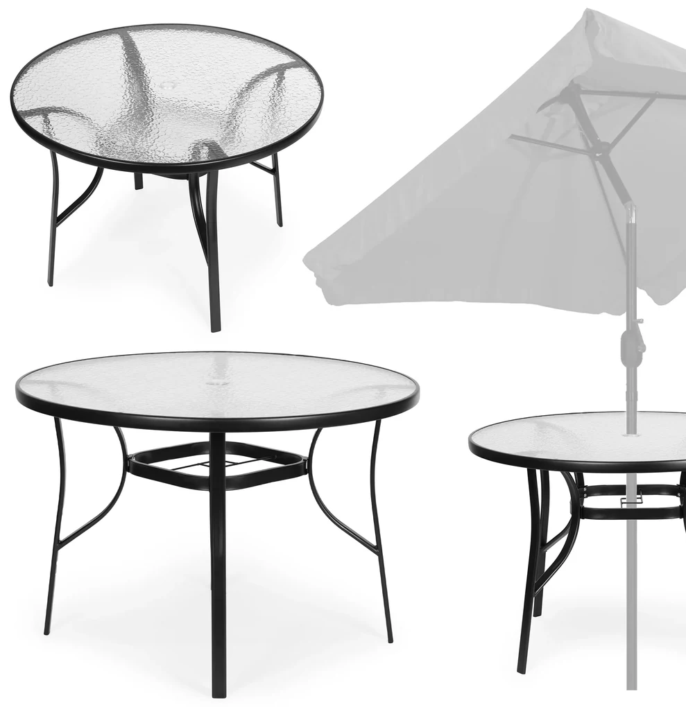 Okrúhly záhradný stôl 100 cm, tvrdené sklo, otvor na slnečník, MultiGarden