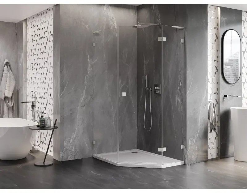 Mexen Lunar, L päťuholníkový sprchový kút naklápací vpravo 80 x 90 cm, 8mm číre sklo, oceľový profil, 831L-080P-090L-97-00-P