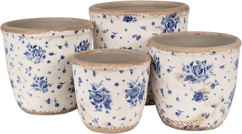 Béžový keramický obal na kvetináč s modrými ružami Blue Rose S - Ø 13*12 cm