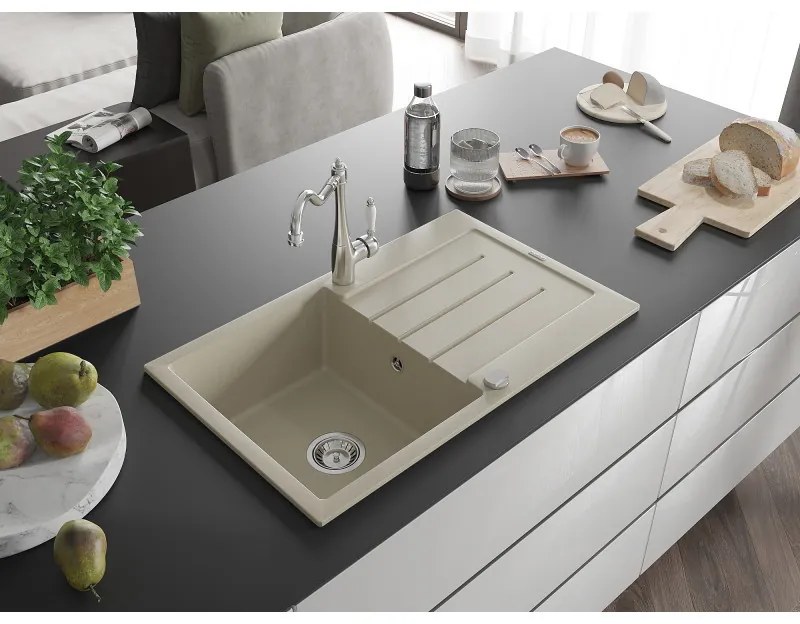 Mexen Bruno, granitový drez 795x495x200 mm, 1-komorový a drezová batéria Carla, béžová, 6513-69-670700-00