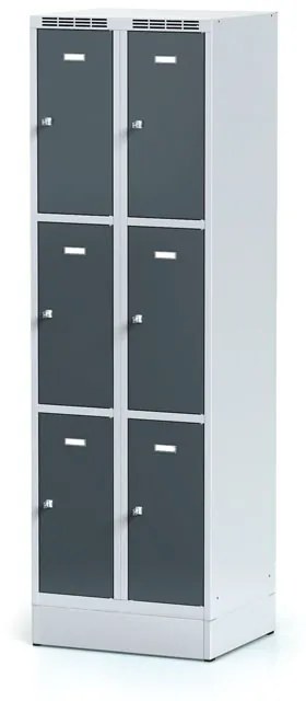 Alfa 3 Šatníková skrinka na sokli s úložnými boxami, 6 boxov, 1920 x 600 x 500 mm, otočný zámok, tmavosivé dvere