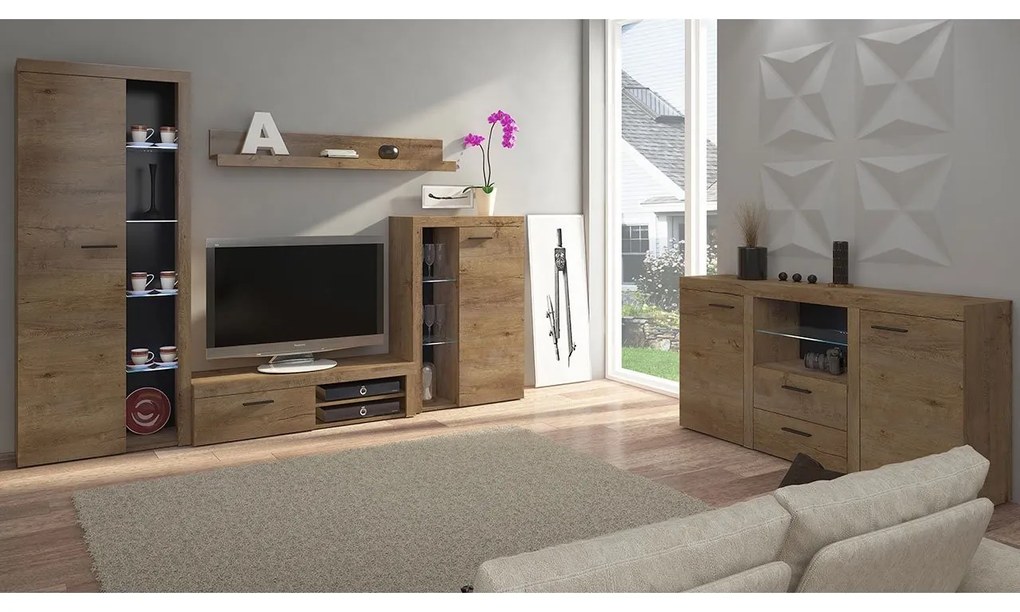 Obývacia stena Rodos s komodou, Farby: béžová piesková, Osvetlenie: osvetlenie LED