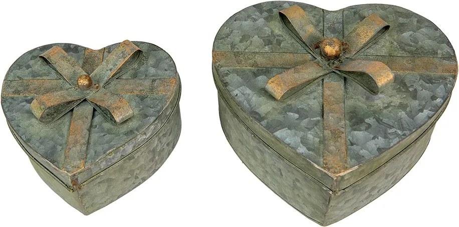 2ks dekoračné antik plechové boxy srdca s mašľami - 24*22*14 / 18*16*11 cm