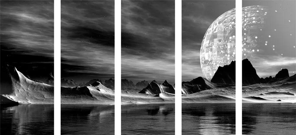 5-dielny obraz futuristická planéta v čiernobielom prevedení - 100x50