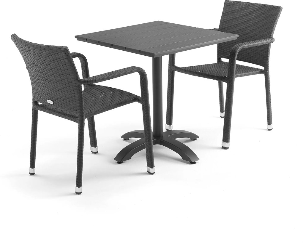 Zostava: Záhradný stôl + 2 ratanové stoličky s opierkami rúk