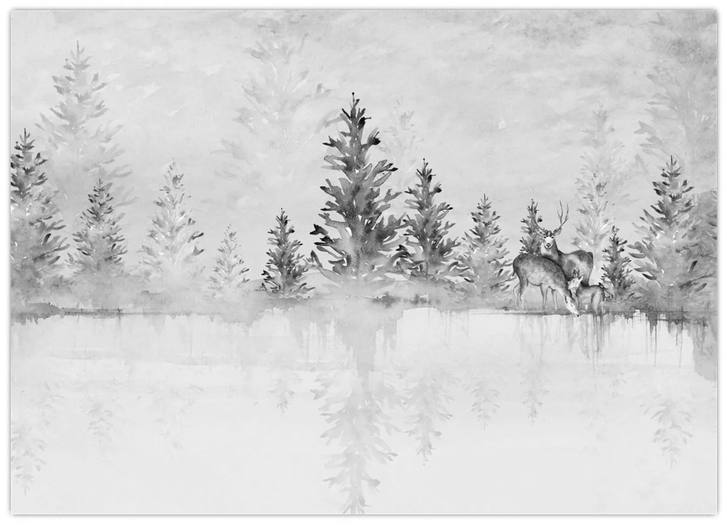 Sklenený obraz - Jelene pri jazere (70x50 cm)