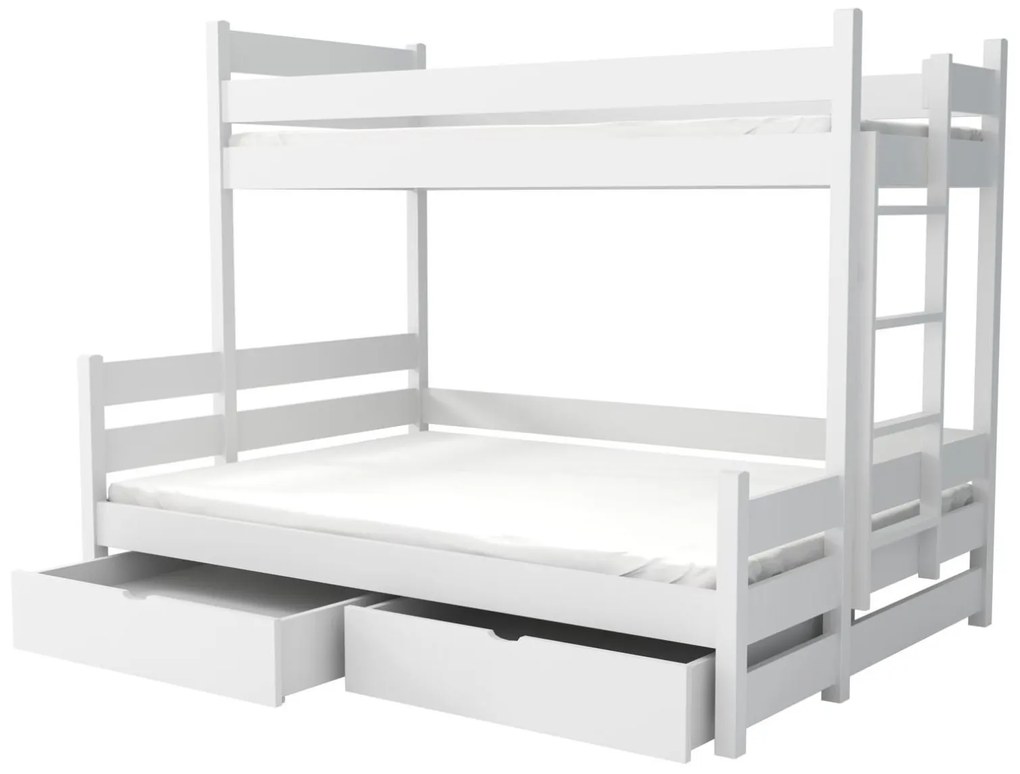 Detská poschodová posteľ z masívu borovice s rozšíreným spodným lôžkom BERTA so šuplíkmi - 200x90/140 cm - BIELA
