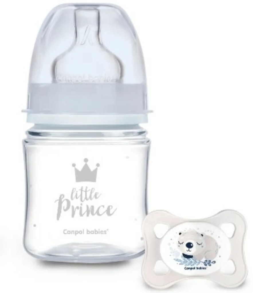 Antikoliková fľaštička 120ml + cumlík set Canpol Babies, Mini Boy - Little Prince