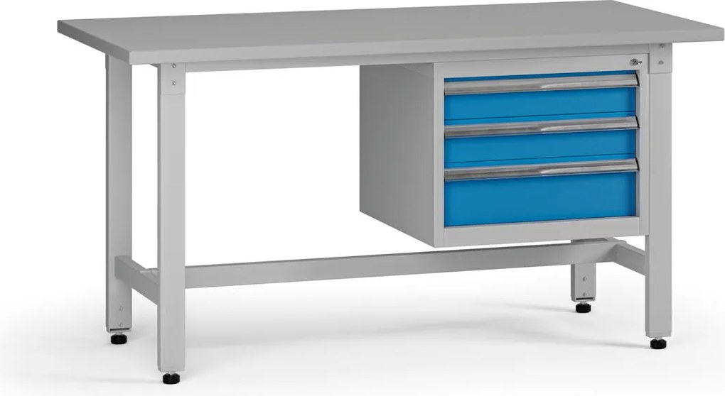 Výškovo nastaviteľný dielenský stôl G5, 1500 x 750 x 800-1000 mm, 1x kontajner, 3 zásuvky, modrá