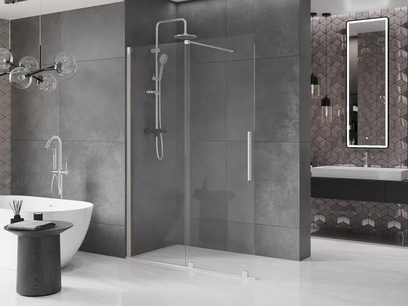 Mexen Velar, sprchová zástena s posuvnými dverami Walk-in 140 x 200 cm, 8mm číre sklo, brúsená oceľ, 871-140-000-03-97