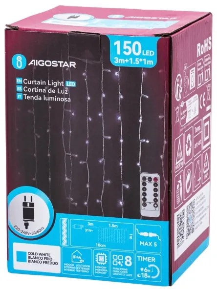 Aigostar - LED vonkajší vianočný reťaz, 150×LED, 6 W, 230 V, 8 režimov, 1,5×1 m, IP44, studená biela + diaľkové ovládanie