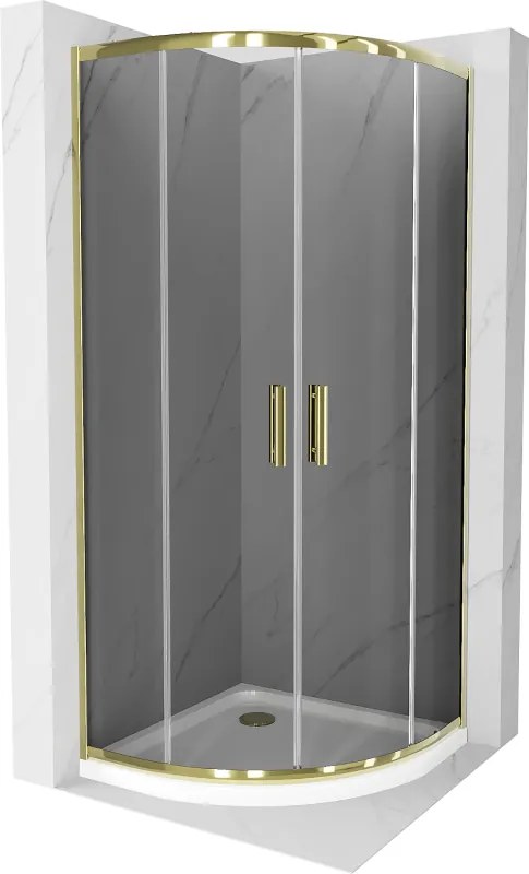 Mexen Rio, štvrťkruhový sprchovací kút s posuvnými dverami 90(dvere) x 90(dvere) x 190 cm, 6mm šedé sklo, zlatý profil + biela sprchová vanička SLIM, 863-090-090-50-40-4110G