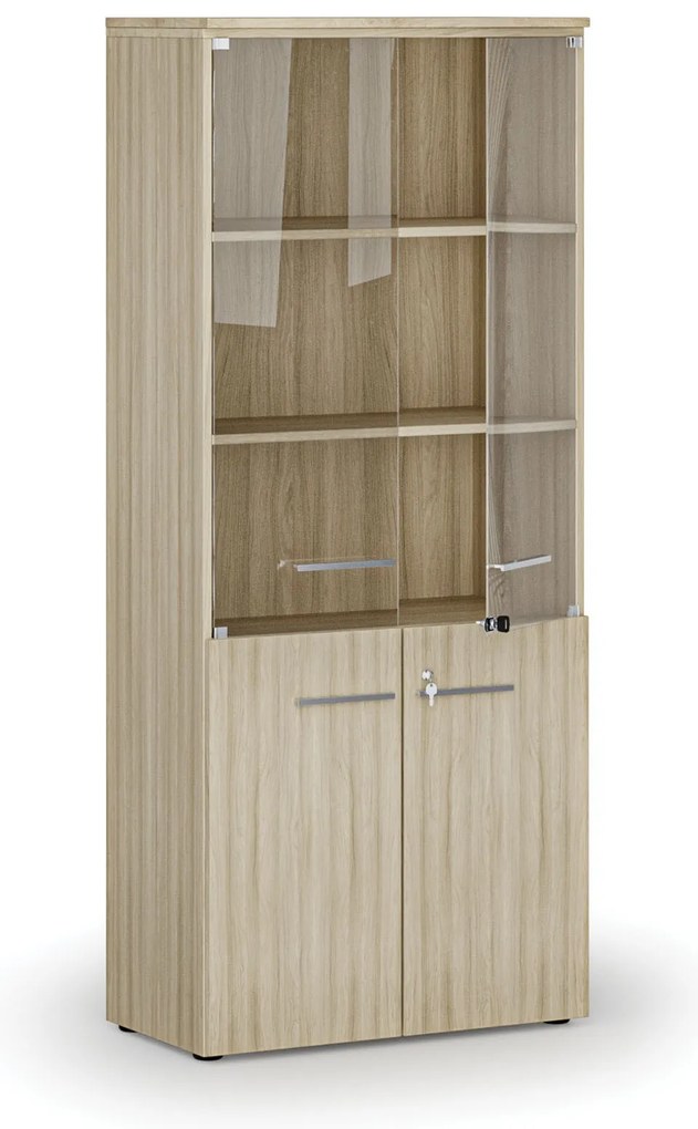 Kombinovaná kancelárska skriňa PRIMO WOOD s drevenými a sklenenými dverami, 800 x 420 x 1781 mm, dub prírodný