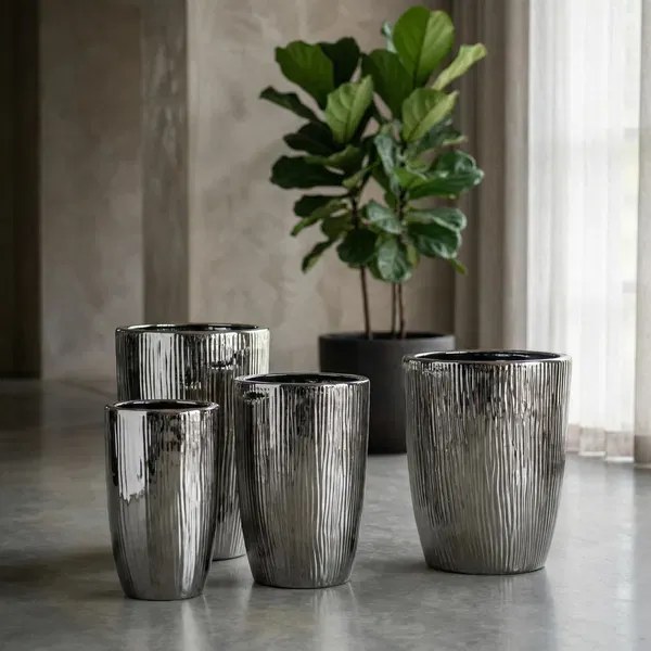 Sada 3 ks keramických květináčů NEVA SILVER XII stříbrná