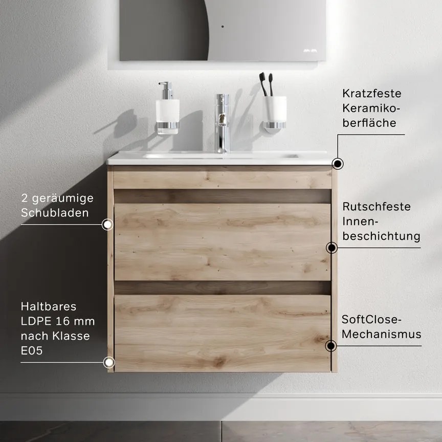 Skrinka s umývadlom 60 AM.PM Spike MPA-FHX0602HF-WCC0602WG závesná, 2 zásuvky, svetlý dub