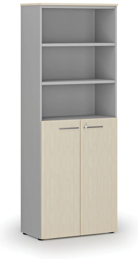 Kombinovaná kancelárska skriňa PRIMO GRAY, dvere na 3 poschodia, 800 x 420 x 2128 mm, sivá/breza