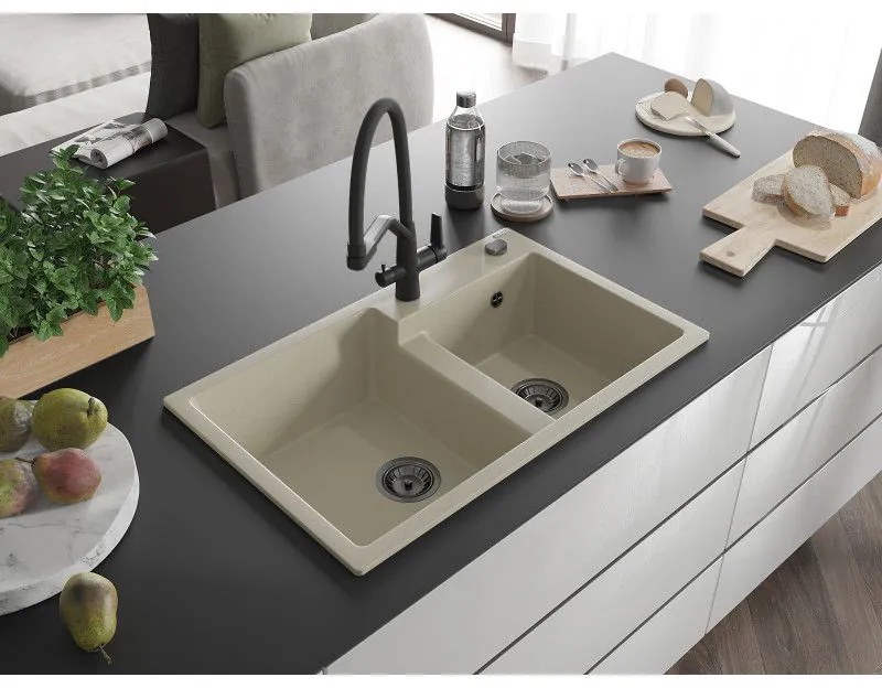 Mexen Tomas, 2-komorový granitový drez 800x500x190 mm a kuchynská batéria Duo, béžová, 6516-69-671701-70-B