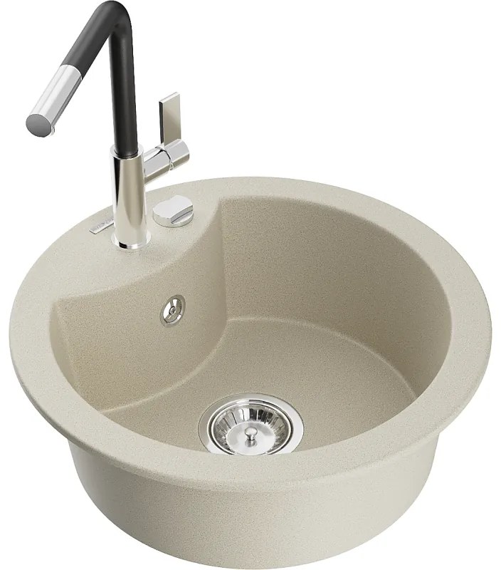 Mexen Diego, 1-komorový granitový drez 488x488x167 mm a drezová batéria Flora, béžová, 6512-69-670401-07