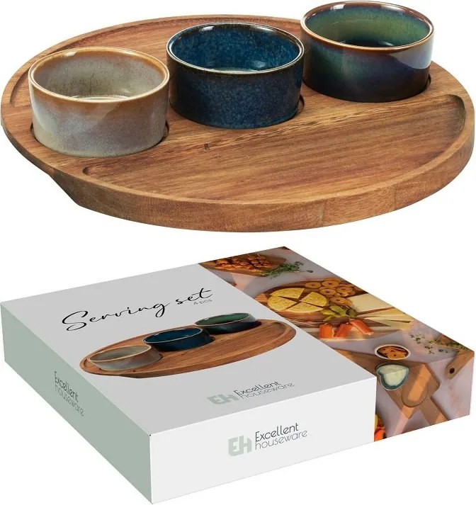Servírovací set s akáciovým podnosom 25 × 25 cm