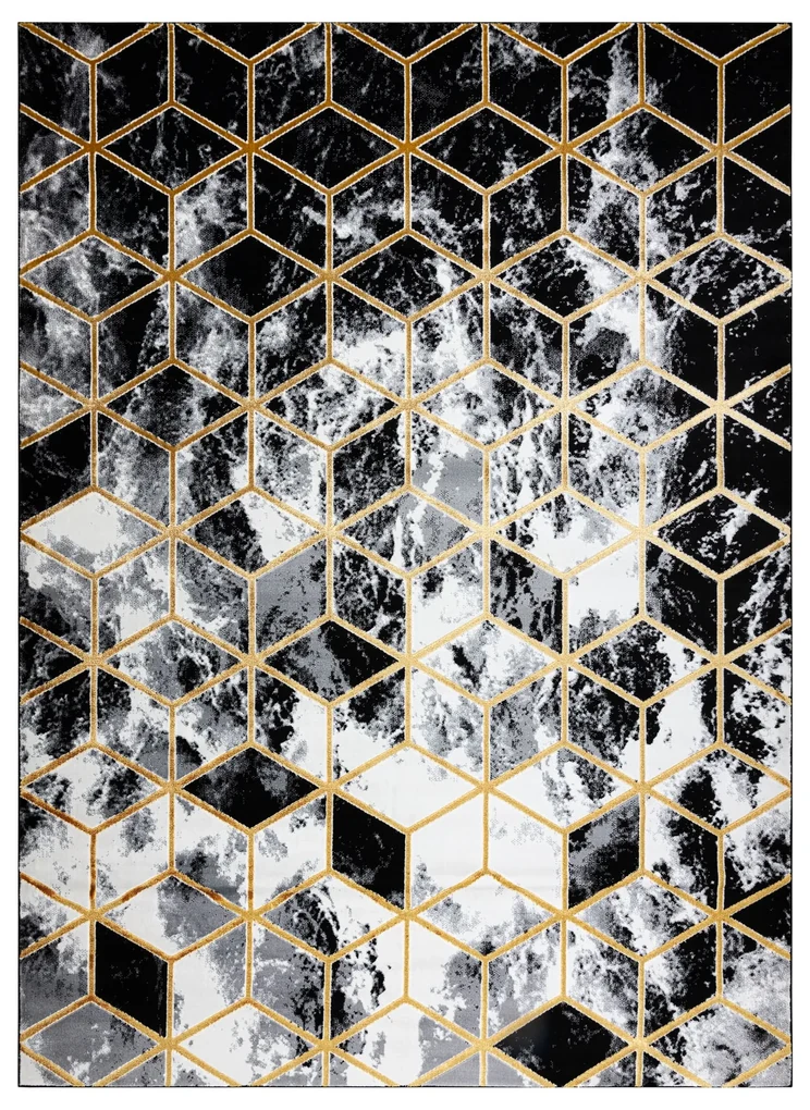 Koberec moderný 3D GLOSS 409A 82 Kocky, glamour, art deco čierno / zlato / sivý