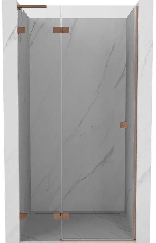 Mexen Lunar L, výklopné sprchové dvere ľavé 85 cm, 8mm číre sklo, medený matný profil, 834L-085-000-65-00-L