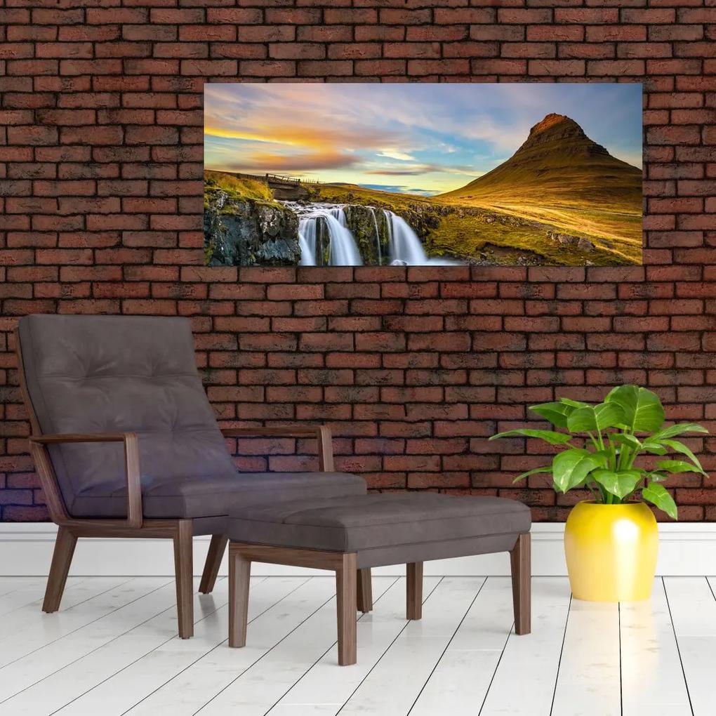 Obraz hory a vodopádov na Islande (120x50 cm)